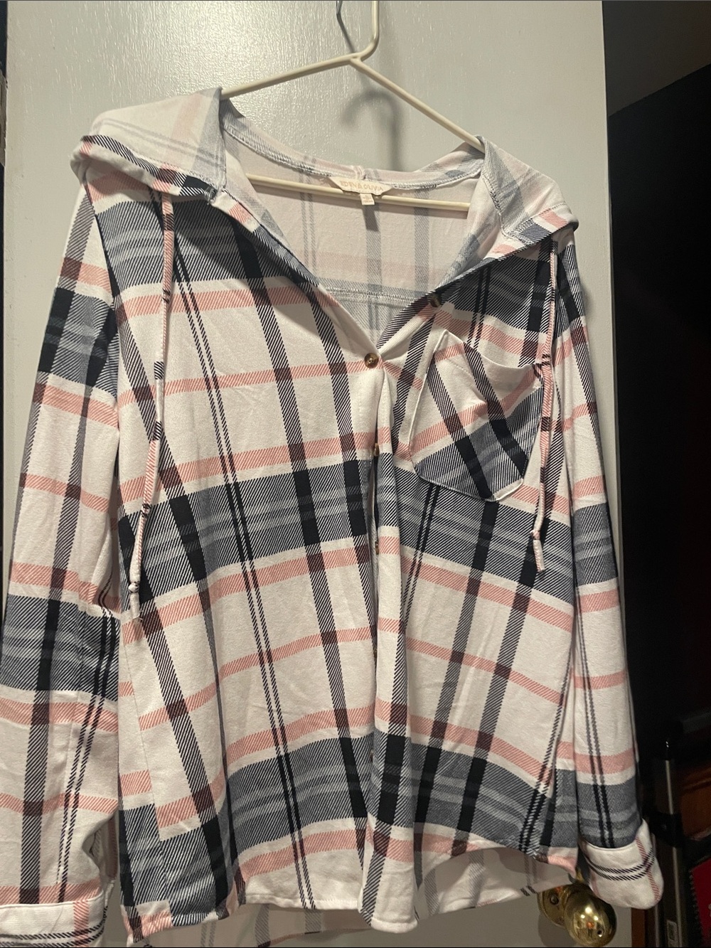 Eden & Olivia Soft Plaid Hooded  Shirt — Light Pink, Gray & Cream size L
